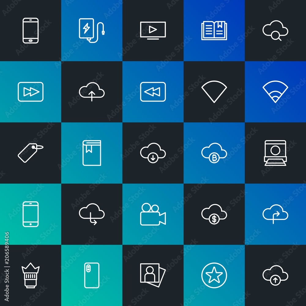 Modern Simple Set of cloud and networking, mobile, video, photos, bookmarks Vector outline Icons. Contains such Icons as and more on dark and gradient background. Fully Editable. Pixel Perfect. Modern Simple Set of cloud and networking, mobile, video, photos, bookmarks Vector outline Icons. Contains such Icons as and more on dark and gradient background. Fully Editable. Pixel Perfect.