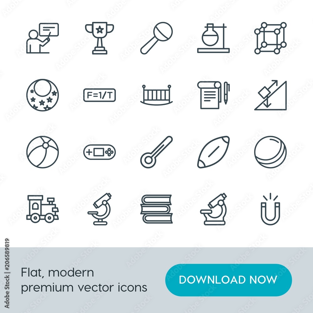 Modern Simple Set of science, education, kids and toys Vector outline Icons. Contains such Icons as teacher,  textbook,  competition, ball and more on white background. Fully Editable. Pixel Perfect.
