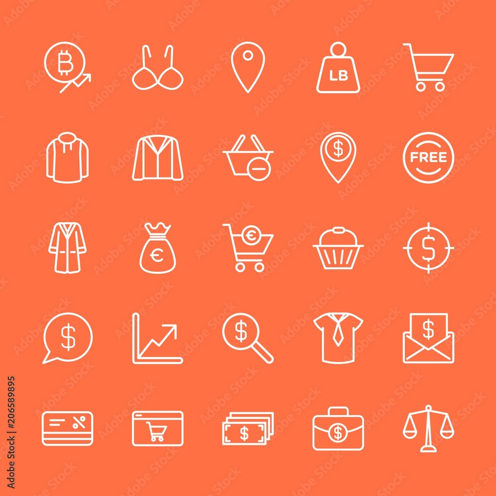 Modern Simple Set of clothes, money, shopping Vector outline Icons. Contains such Icons as bikini, sale, cash, location, shop, cart and more on orange background. Fully Editable. Pixel Perfect. Modern Simple Set of clothes, money, shopping Vector outline Icons. Contains such Icons as bikini, sale, cash, location, shop, cart and more on orange background. Fully Editable. Pixel Perfect.