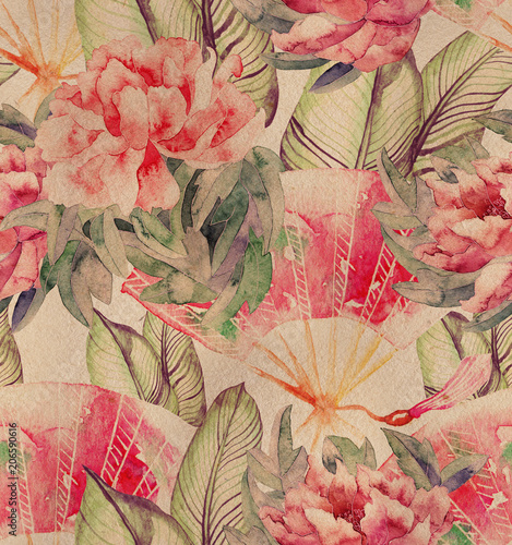  Vintage Asian seamless pattern Watercolor stock image in Asian style. fan, sakura branch. 