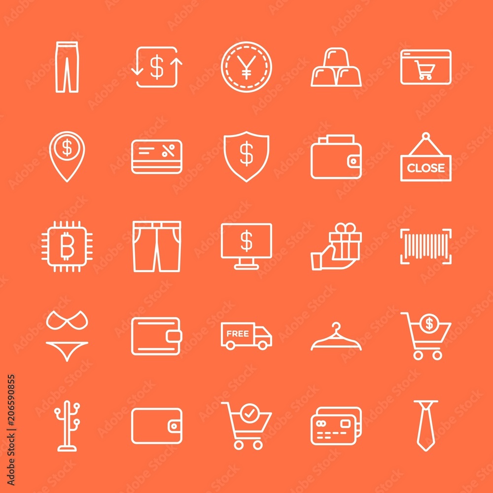 Modern Simple Set of clothes, money, shopping Vector outline Icons. Contains such Icons as  pocket,  clothing, yen, discount, wealth, tie and more on orange background. Fully Editable. Pixel Perfect.