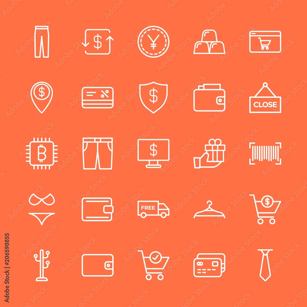 Modern Simple Set of clothes, money, shopping Vector outline Icons. Contains such Icons as pocket, clothing, yen, discount, wealth, tie and more on orange background. Fully Editable. Pixel Perfect. Modern Simple Set of clothes, money, shopping Vector outline Icons. Contains such Icons as pocket, clothing, yen, discount, wealth, tie and more on orange background. Fully Editable. Pixel Perfect.