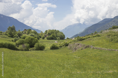 Fototapeta Naklejka Na Ścianę i Meble -  Beautiful natural landscape with green grass, trees, mountains and a blue sky with clouds