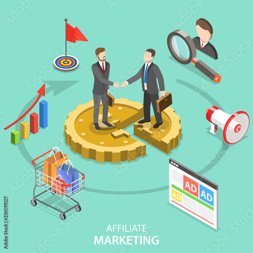 Flat isometric vector concept of affiliate marketing strategy, referral program, business partnership.