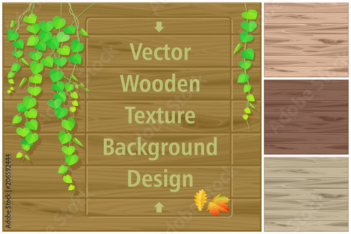 Autumn leaves on a wooden board and different shades of wooden textures