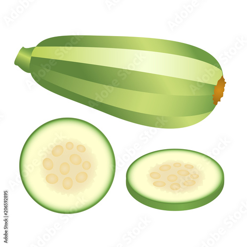 Light green zucchini and its pieces isolated on white background.