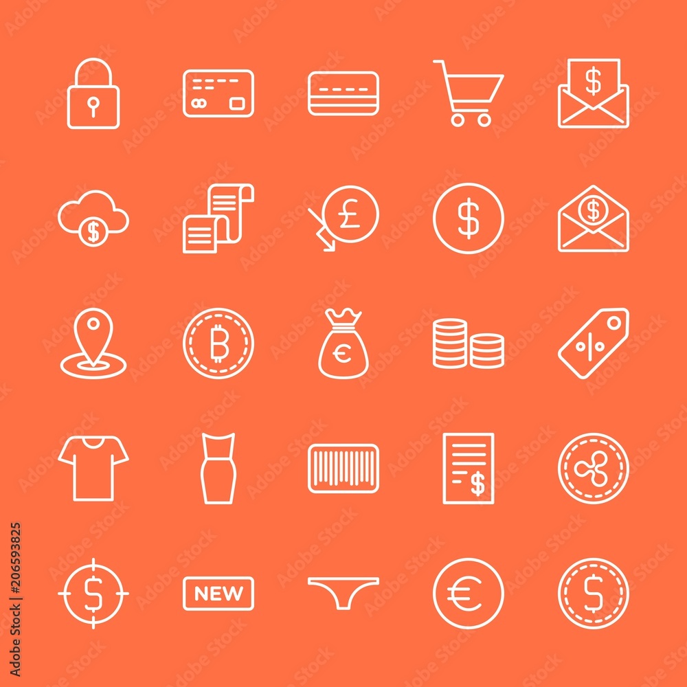 Modern Simple Set of clothes, money, shopping Vector outline Icons. Contains such Icons as debit, new, sign, credit, investment, euro and more on orange background. Fully Editable. Pixel Perfect. Modern Simple Set of clothes, money, shopping Vector outline Icons. Contains such Icons as debit, new, sign, credit, investment, euro and more on orange background. Fully Editable. Pixel Perfect.