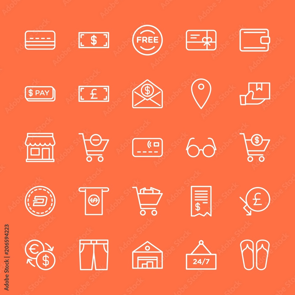 Modern Simple Set of clothes, money, shopping Vector outline Icons. Contains such Icons as  credit,  dollar, gift, bill,  wallet, euro and more on orange background. Fully Editable. Pixel Perfect.