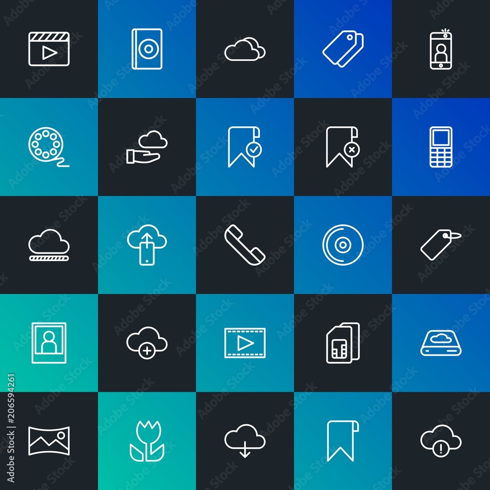 Modern Simple Set of cloud and networking, mobile, video, photos, bookmarks Vector outline Icons. Contains such Icons as and more on dark and gradient background. Fully Editable. Pixel Perfect. Modern Simple Set of cloud and networking, mobile, video, photos, bookmarks Vector outline Icons. Contains such Icons as and more on dark and gradient background. Fully Editable. Pixel Perfect.