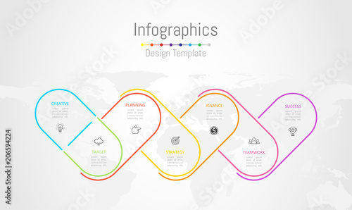 Infographic design elements for your business data with 7 options, parts, steps, timelines or processes. World map of this image furnished by NASA, Vector Illustration.