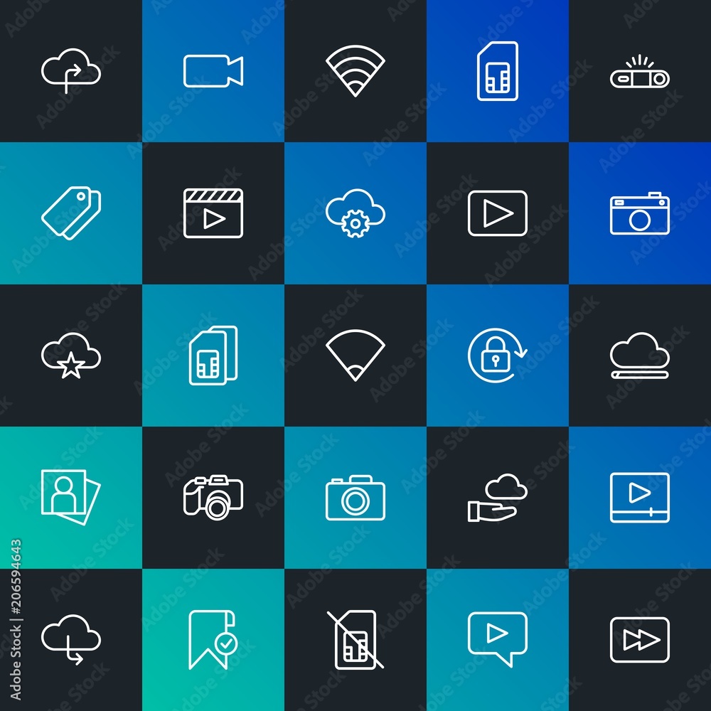 Modern Simple Set of cloud and networking, mobile, video, photos, bookmarks Vector outline Icons. Contains such Icons as and more on dark and gradient background. Fully Editable. Pixel Perfect. Modern Simple Set of cloud and networking, mobile, video, photos, bookmarks Vector outline Icons. Contains such Icons as and more on dark and gradient background. Fully Editable. Pixel Perfect.