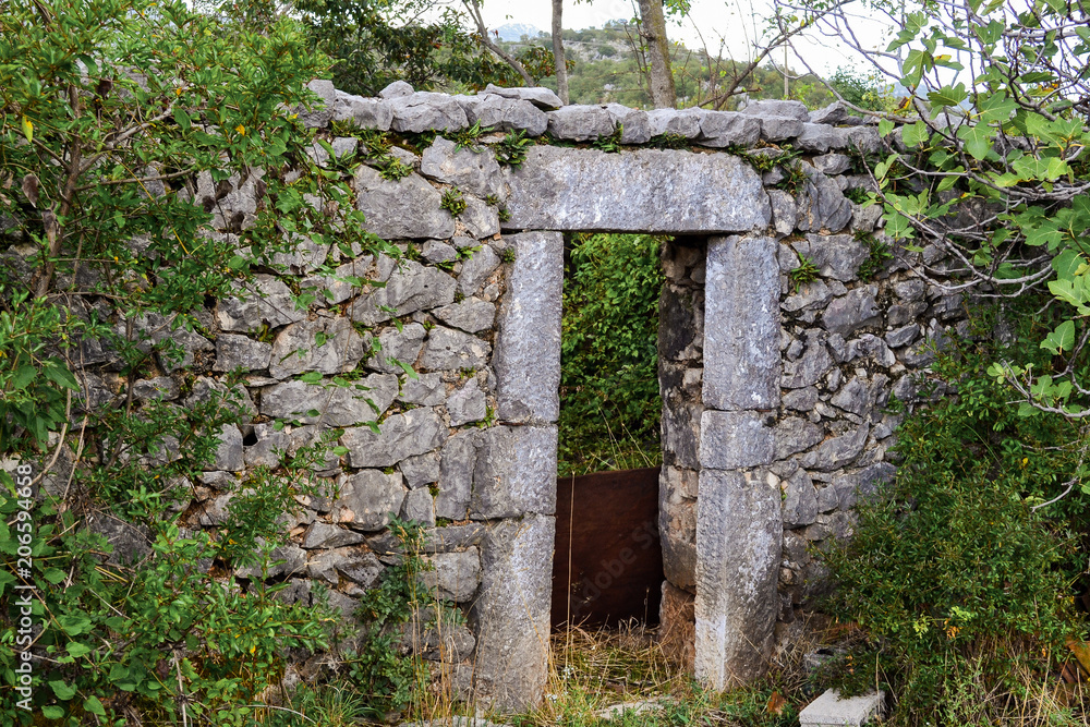 An ancient stone wall of a ruined house with a door among the grass. Old house, ruins, background