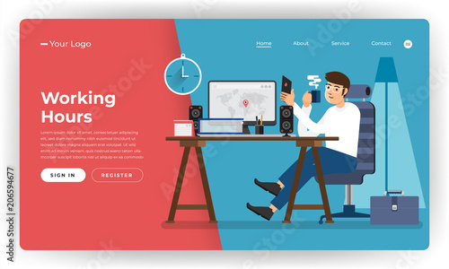 Mock-up design website flat design concept working hours worker in office place.  Vector illustration.