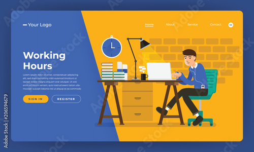 Mock-up design website flat design concept working hours worker in office place.  Vector illustration.