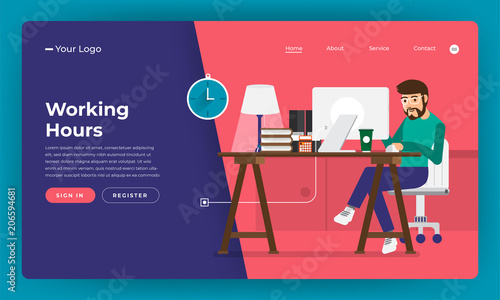 Mock-up design website flat design concept working hours worker in office place.  Vector illustration.
