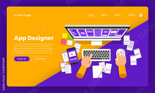 Mock-up design website flat design concept app designer create and development wireframe mobile application.  Vector illustration.