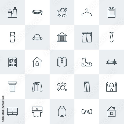 Modern Simple Set of clothes, buildings, housekeeping Vector outline Icons. Contains such Icons as building, trousers, islamic, energy and more on white background. Fully Editable. Pixel Perfect.