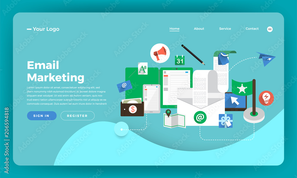 Mock-up design website flat design concept digital marketing. Email marketing.  Vector illustration.