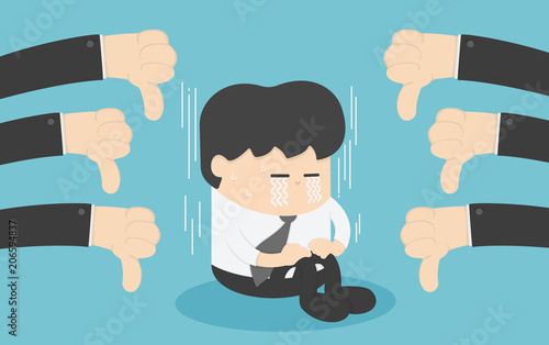 businessman with many thumbs down hands around him. Business compliment concept