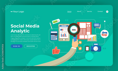 Mock-up design website flat design concept digital marketing. Social media analytic. Vector illustration.