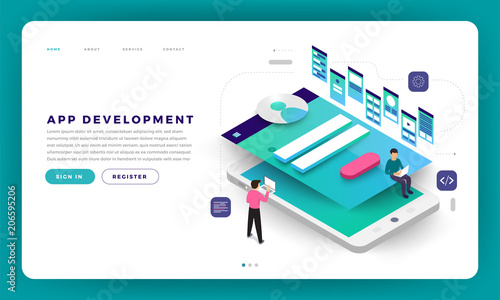 Mock-up design website flat design concept app development with developer coding and working together. Vector illustration.