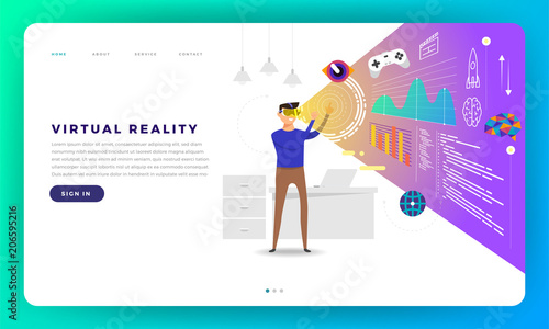 Mock-up design website flat design concept virtual Reality platform (VR). The man standup with VR Glasses play content inside. Vector illustration.