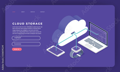 Mock-up design website flat design concept cloud computing technology users network configuration isometric. Vector illustration.
