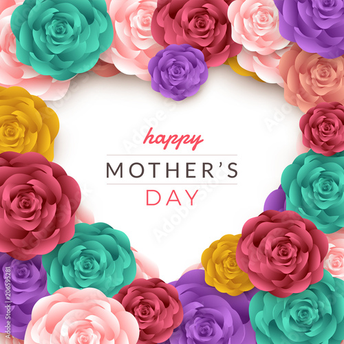 Happy mother's day layout design with roses, lettering, paper cut and texture background. Vector illustration.