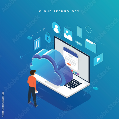 Isometric flat design concept cloud technology data transfer and storage. Connecting information. Vector illustrations.