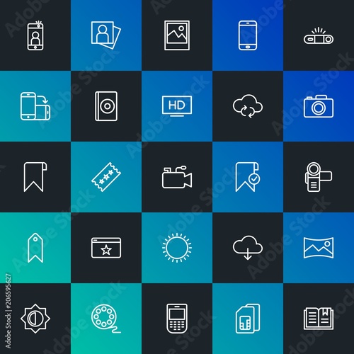 Modern Simple Set of cloud and networking, mobile, video, photos, bookmarks Vector outline Icons. Contains such Icons as and more on dark and gradient background. Fully Editable. Pixel Perfect.