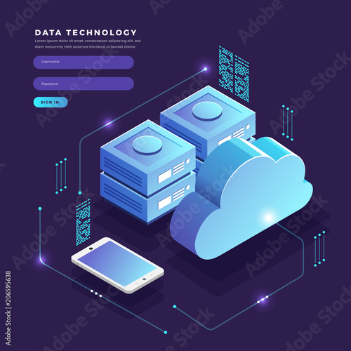 Isometric flat design concept cloud technology data transfer and storage. Connecting information. Vector illustrations.