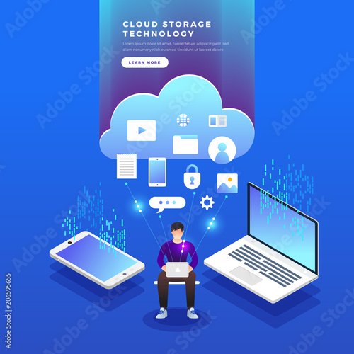 Isometric flat design concept cloud technology data transfer and storage. Connecting information. Vector illustrations.