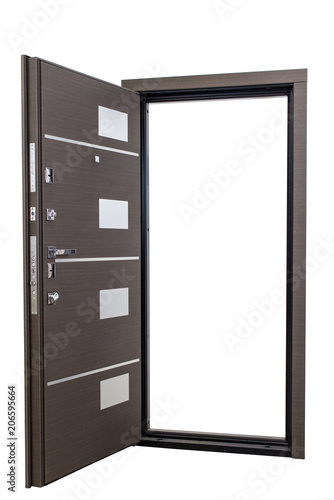 Open armored door isolated at white background. Image of a open door. Entrance to apartment. Brown wood veneer front door for office, with lock and handle. Modern Door design.