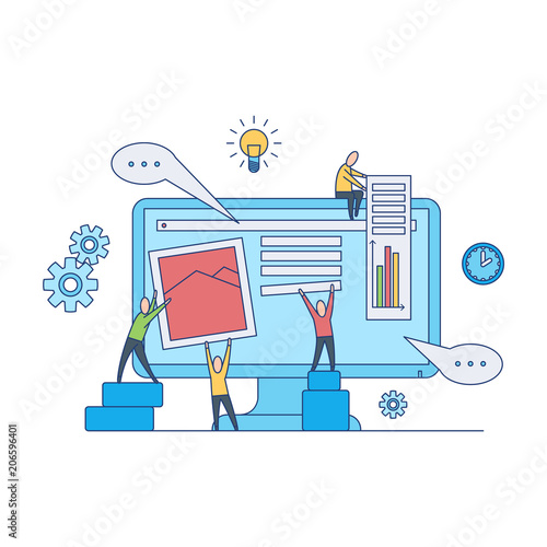 Web design development concept - web designers team work on creating and filling site page with content and data isolated on white background. Flat vector illustration.