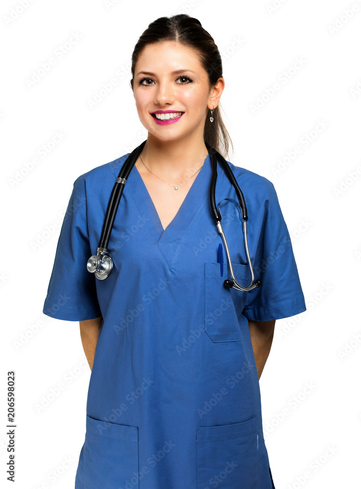 Smiling young beautiful nurse portrait isolated over a white background Smiling young beautiful nurse portrait isolated over a white background