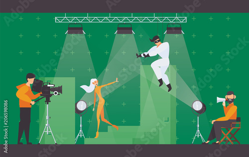 Vector flat scene with superhero movie making scene. Filming director in chair, cameraman with videocamera and two actors on chromakey making a fight scene.