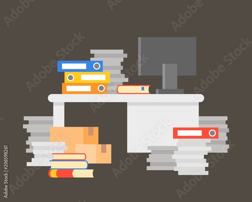 Pile of documents with office desk and computer, flat design