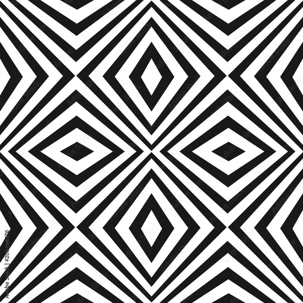 Vector seamless pattern with black and white stripes. Texture with crossing diagonal striped lines, rhombuses. Monochrome geometric background, repeat tiles. Pop art style. Tileable design element Vector seamless pattern with black and white stripes. Texture with crossing diagonal striped lines, rhombuses. Monochrome geometric background, repeat tiles. Pop art style. Tileable design element