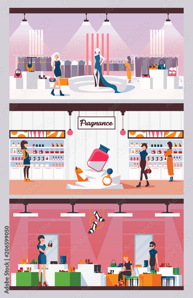 Concept of woman fragrance, shoes and bags and clothes boutique interiors. Flat vector illustration with girls choosing goods. Interior of shop with buyers and beautiful merch for sell. Concept of woman fragrance, shoes and bags and clothes boutique interiors. Flat vector illustration with girls choosing goods. Interior of shop with buyers and beautiful merch for sell.