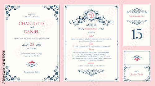 Ornate wedding invitation, table number, menu and place card. Swirl floral templates. Classic vintage design.