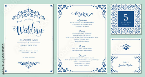 Ornate wedding invitation, table number, menu and place card. Swirl floral templates. Classic vintage design. photo