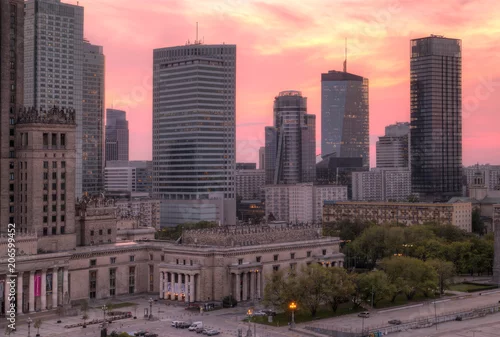 Fototapeta Panorama miasta o zachodzie słońca. Warszawa, Polska.