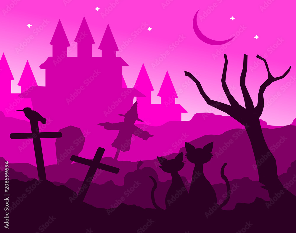 two cats in love sitting with dry tree and crescent moon at night,lover couple,cartoon style,halloween concept,animals vector. two cats in love sitting with dry tree and crescent moon at night,lover couple,cartoon style,halloween concept,animals vector.