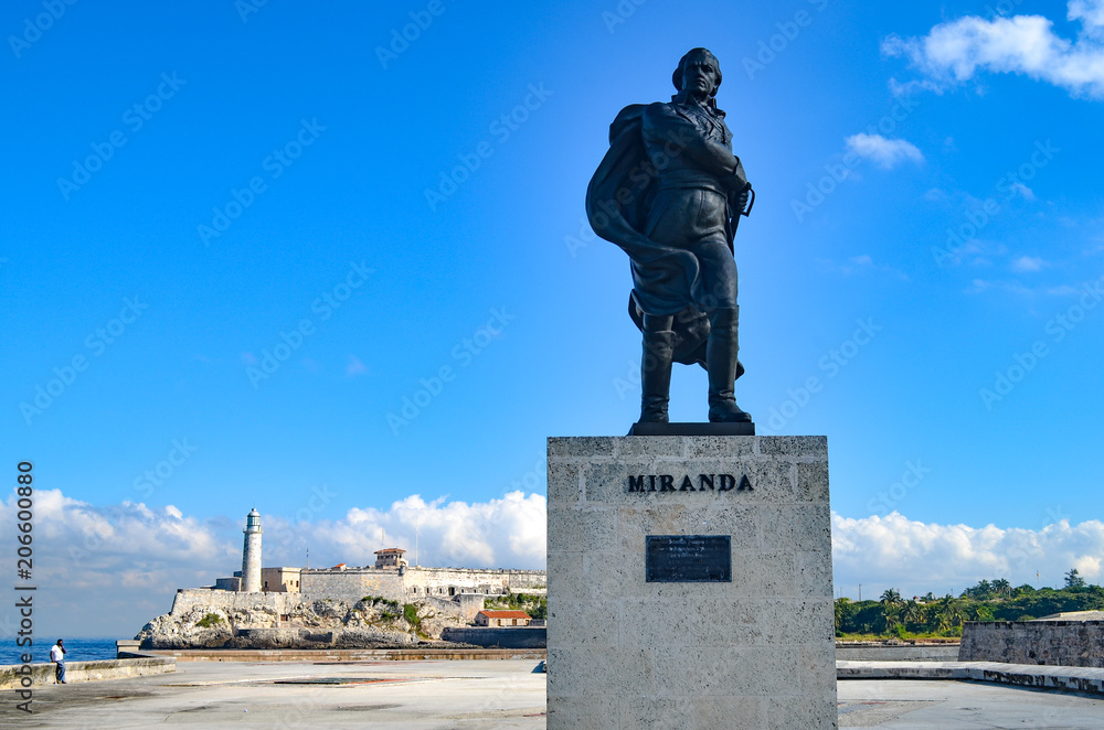 Statue for Fernando Miranda on the Malecon, across from the Morro Castle in Havana, Cuba