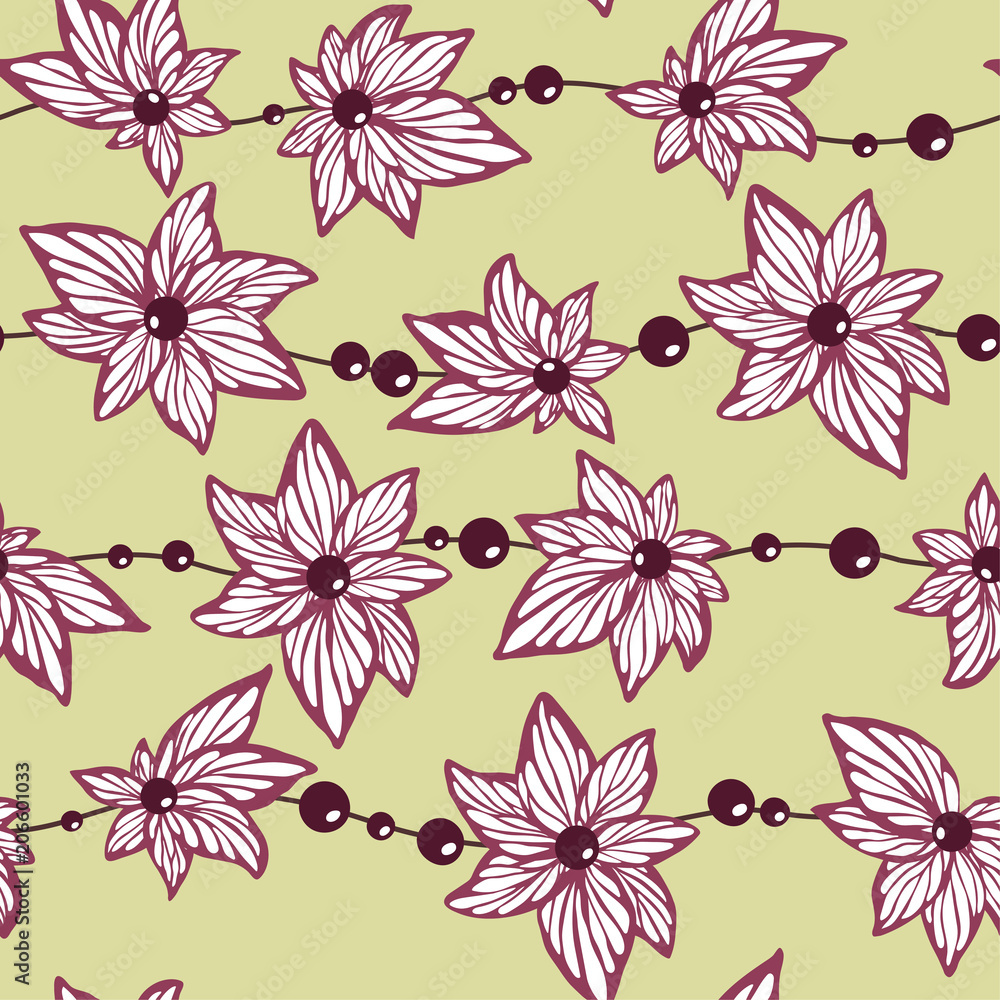 Seamless pattern vector for wallpaper and fabric textile with abstract herbal pattern of shapes of flowers and leaves with brads and lines Seamless pattern vector for wallpaper and fabric textile with abstract herbal pattern of shapes of flowers and leaves with brads and lines