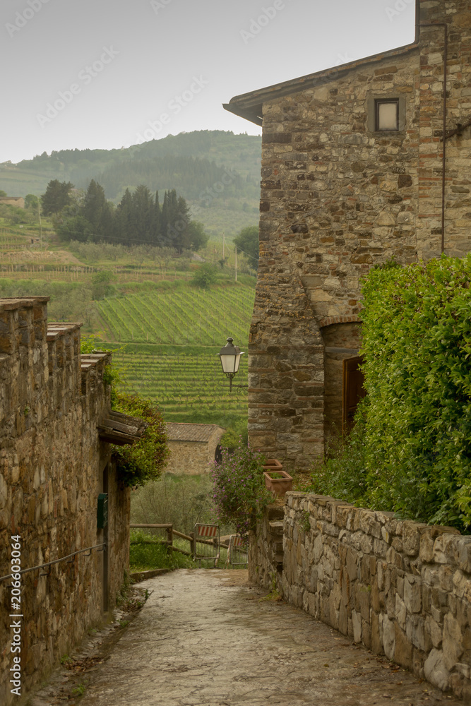 Exploring the hilltop town of Montefioralle in Tuscany, Italy with vineyards in the valley.