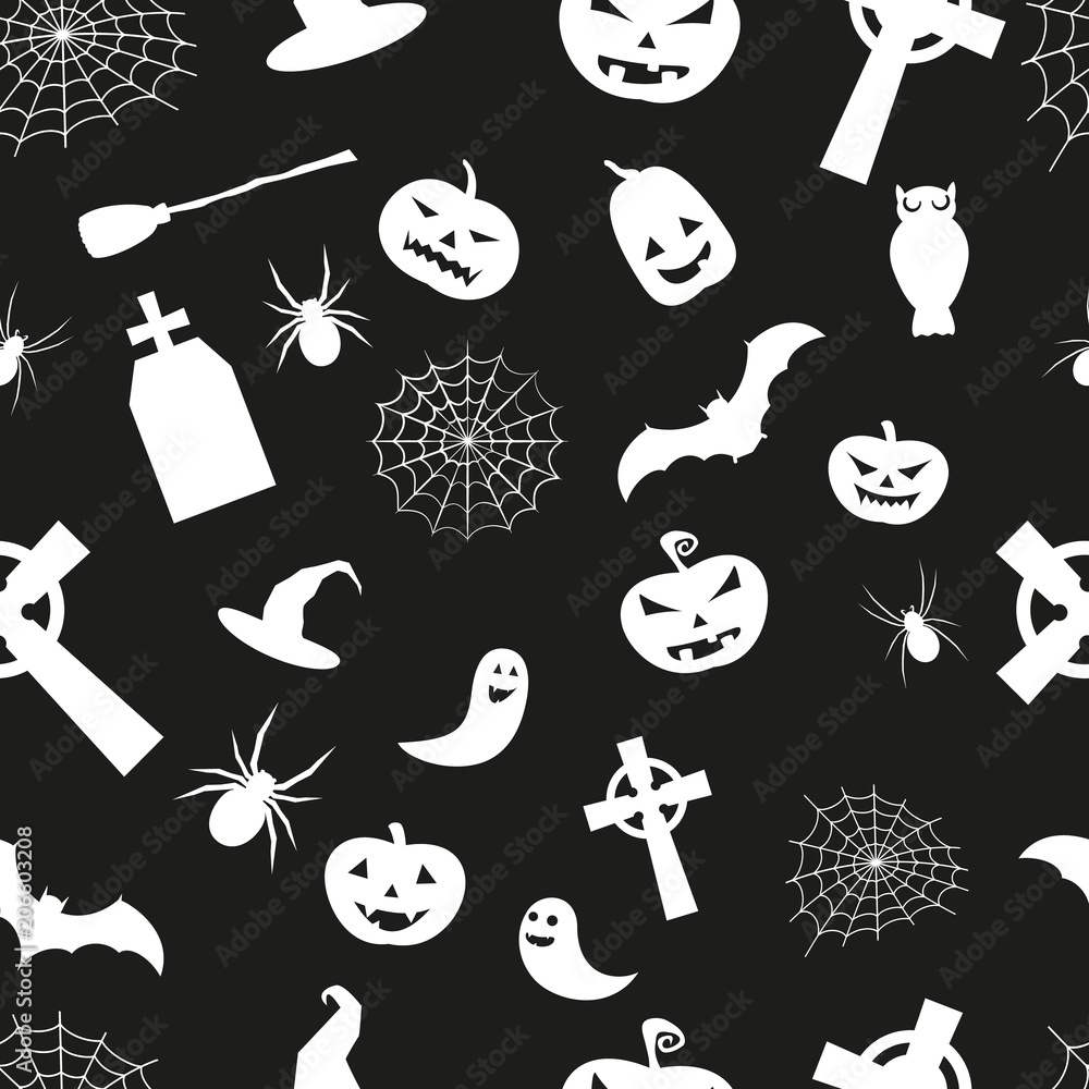 Happy halloween. Seamless pattern with white silhouettes on black background.