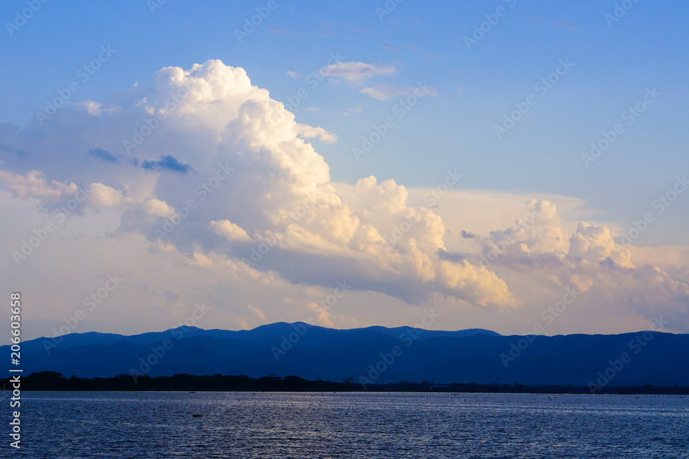 Beautiful lake with mountain,  blue sky and white clouds background.