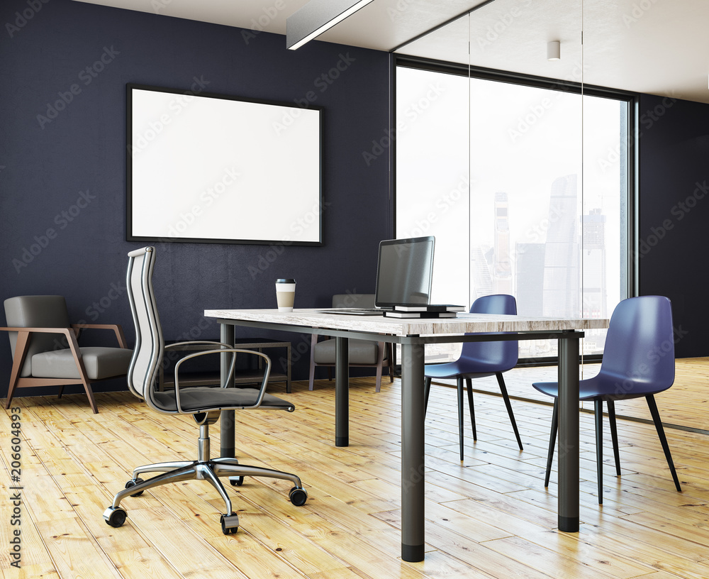 Bright office with empty banner Bright office with empty banner
