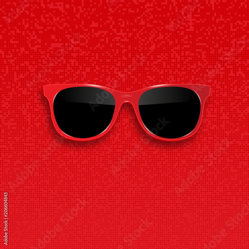 Red hipster sunglasses with dark glass. Vector illustration on the red halftone dots background.